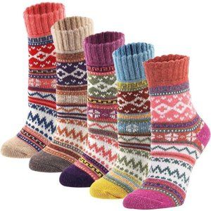5Pack Womens Vintage Winter Soft Warm Thick Cold Knit Wool Crew Socks,Multicolor